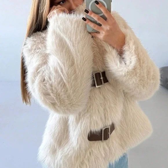 Apricot Casual Women's Stand Collar Fitted Long Sleeve Fluffy Button Jacket - Picture 6 of 9